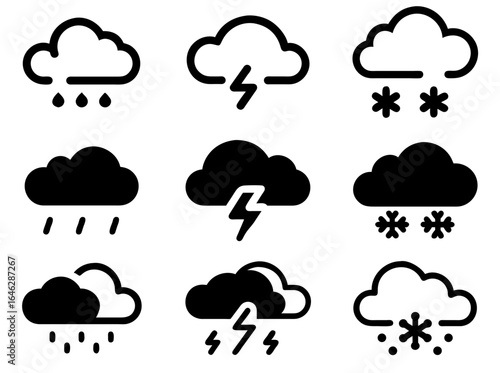 Weather Icons Set – Rain, Storm, and Snow: Set of 9 precipitation icons featuring rain, lightning, and snow. Clean glyph and outline symbols for forecast apps, dashboards, and infographics