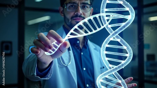 Interactive display, genetic research, DNA manipulation. Genetic innovation. Scientists modify genetic structures efficiently. Genome editing ensures better health. Genetic advances impact human