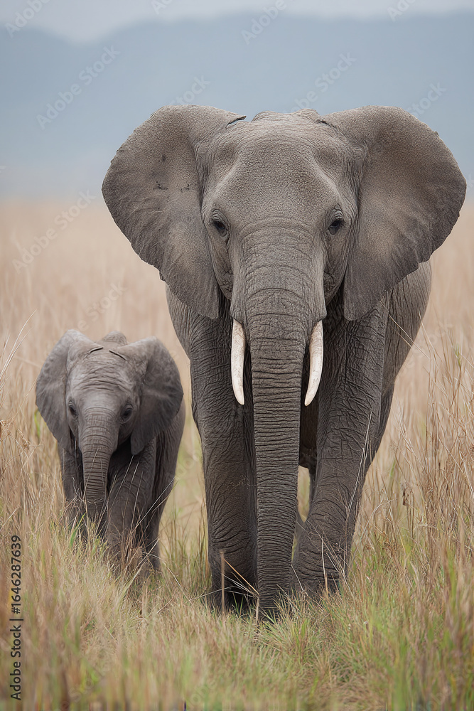 Fototapeta premium A wise old elephant matriarch leading her calf through tall grasses, demonstrating tender, protective instincts.