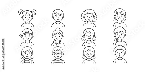 Set of simple linear child faces with various hairstyles and expressions