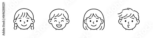 Cute kids faces in simple black and white linear style