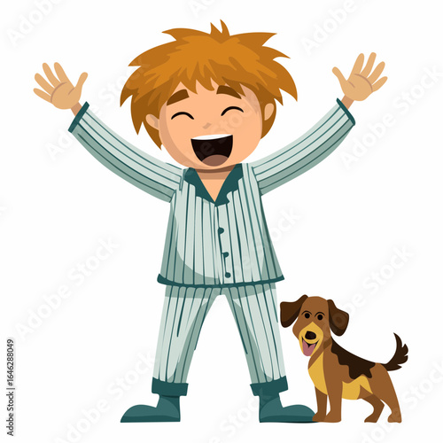 sleepy pajama-clad man with elongated limbs and puppy-arm cuddle – adorable vector for pet brands, bedtime stories, and cozy lifestyle imagery