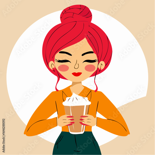 stylish barista-vibe woman with elongated arms juggling coffee and fuchsia updo – trendy vector for café branding and lifestyle blogs