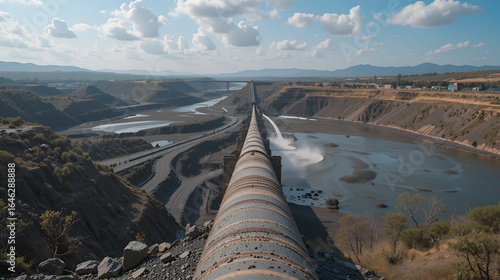 Mine tailings reservoir in Africa, receiving slurry through a pipeline from an ore processing plant.