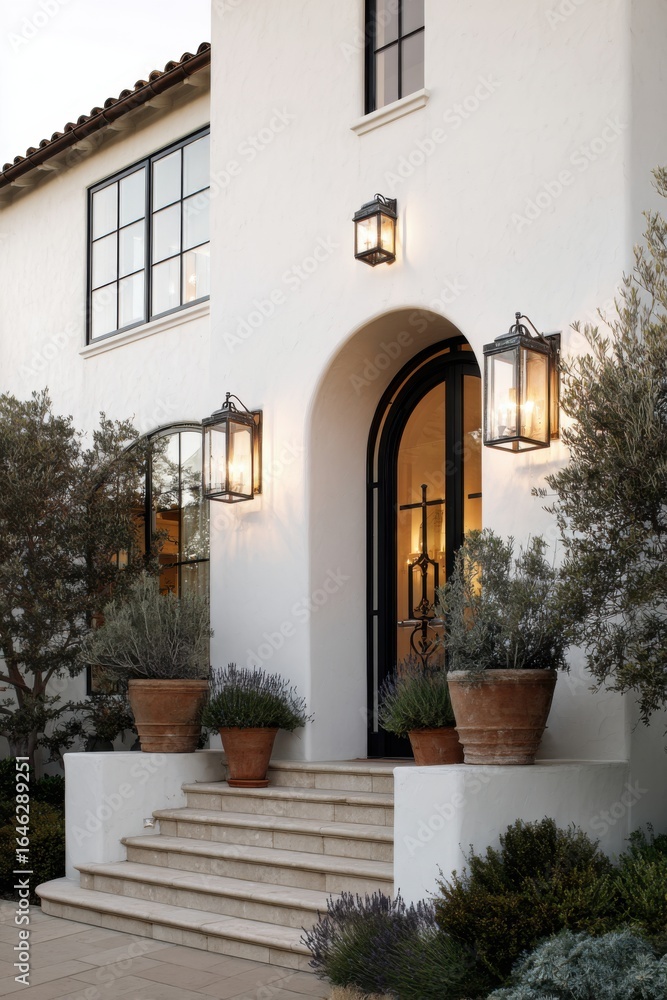 Naklejka premium Elegant entrance of a modern home featuring floral arrangements, stone steps, and vintage lanterns during twilight hours