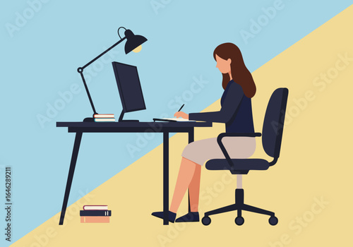 Woman working at a desk with a computer in a modern office. Flat design vector illustration of a businesswoman or student studying and writing for a project.