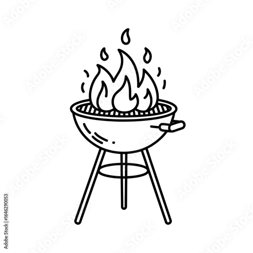 Grill with Burning Flames Illustration for Outdoor Cooking Concept Barbecue Party and Summer Celebration Simple Black and White Line Art Style