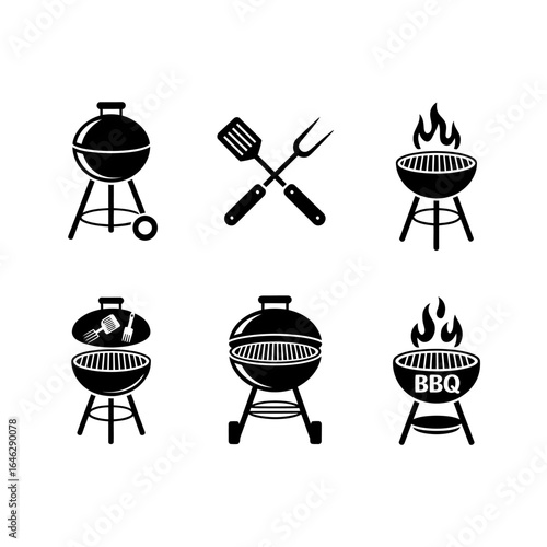 Black and White Barbecue Grill Icon Set with Tools for Summer Cooking and Outdoor Gatherings Vector Illustration