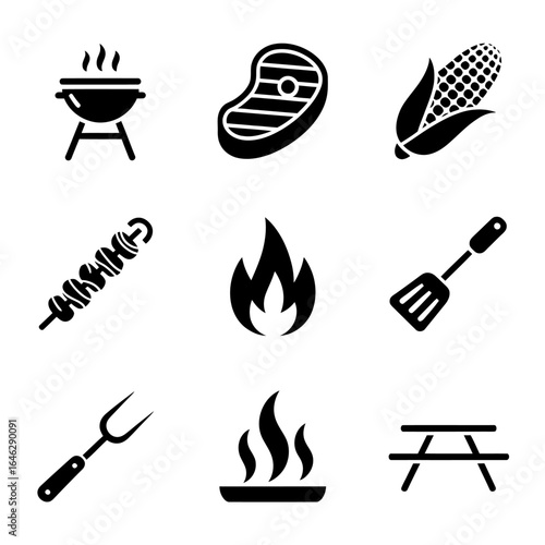 Barbecue grilling icons set vector illustration for summer cooking party and picnic preparation with meat corn and picnic table elements isolated