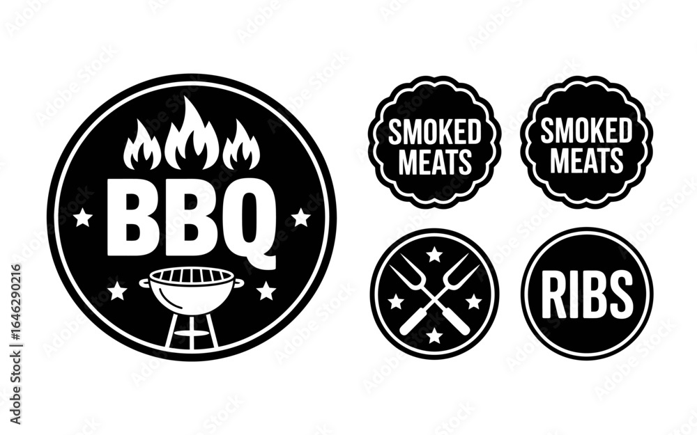 Obraz premium Barbecue and Smoked Meats Vector Icons for Grill Restaurants and Food Delivery Services in Black and White Style