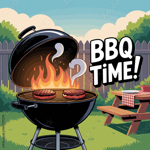 BBQ time cartoon illustration of burgers grilling outdoors with picnic table and vibrant backyard scene perfect for summer celebration