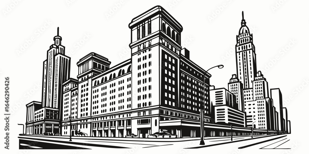 Fototapeta premium Black and white illustration of a cityscape with various buildings and street elements drawn created with generated ai