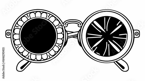 Illustration of vintage round sunglasses with decorative frames and unique lens designs in black and white created with generated ai