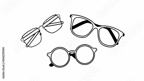 Three pairs of glasses in different styles displayed on a white background in a simple line drawing created with generated ai