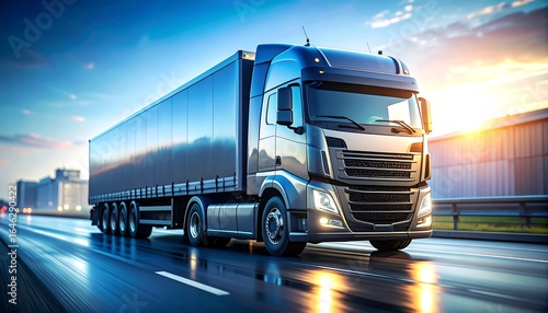 Modern truck on highway at sunrise