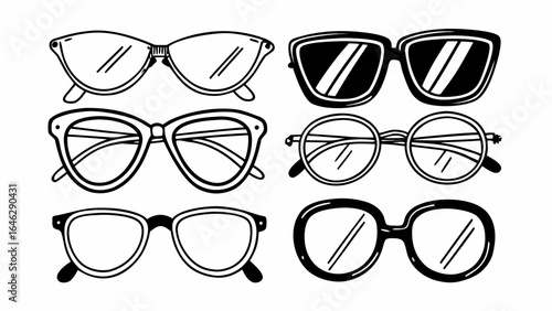 Illustration of six different styles of eyeglasses and sunglasses in black and white outline style created with generated ai