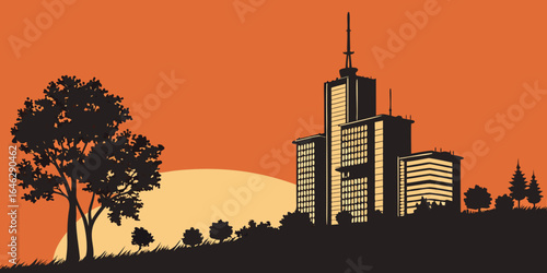 Silhouette of city buildings and trees at sunset with orange sky and yellow sun background scene created with generated ai