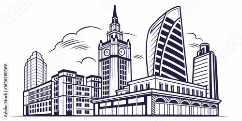 Cityscape illustration featuring various buildings and skyscrapers against a cloudy sky background created with generated ai