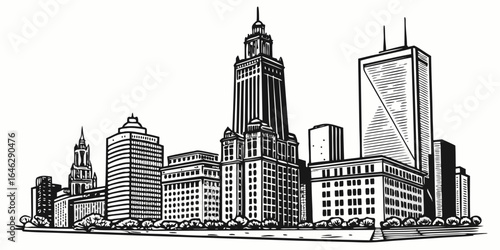 Illustration of a city skyline with various buildings and skyscrapers in black and white style created with generated ai