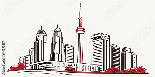 Cityscape illustration with tall buildings and a tower in red and black outline design style created with generated ai