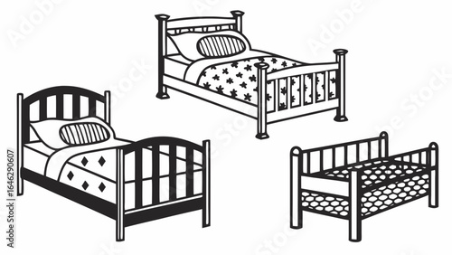 Illustration of three beds with different designs and patterns in black and white outline style created with generated ai