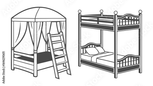 Illustration showing a canopy bed with ladder and a bunk bed with pillows in monochrome style line art created with generated ai