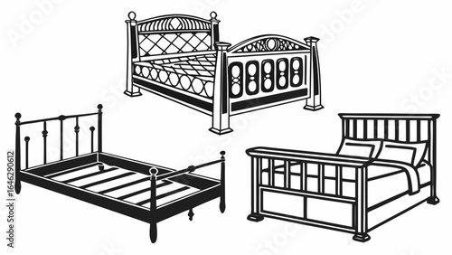 Three different styles of beds are illustrated in black and white with varying headboard designs created with generated ai