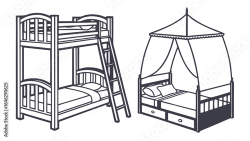 Illustration showing a bunk bed with a ladder and a single bed with a canopy and storage drawers created with generated ai