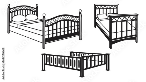 Three black and white line art illustrations of beds with different headboard and footboard designs created with generated ai