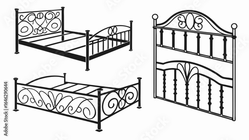 Three illustrations of wrought iron beds with decorative headboards and footboards in black and white created with generated ai