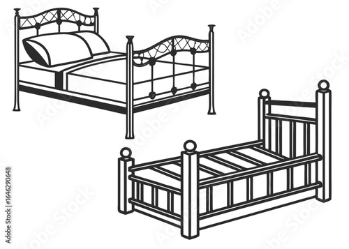 Illustration showing two different styles of beds with headboards and footboards in black and white style created with generated ai