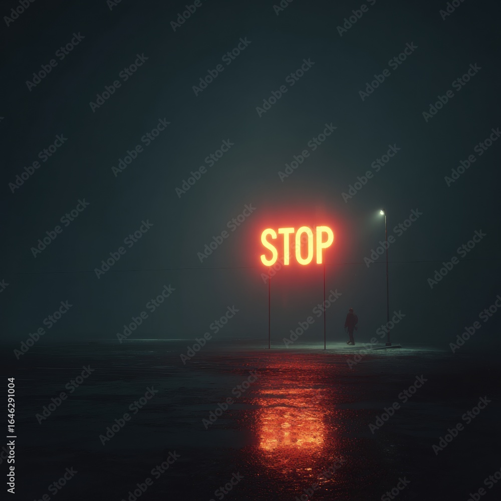 Fototapeta premium A glowing red stop sign glowing in the heavy darkness and mysterious fog