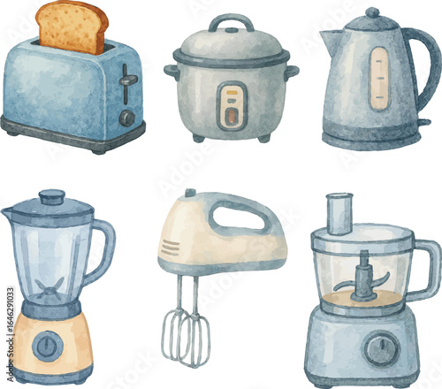 Collection of watercolor vector illustartions of various types of kitchen electronic appliances such as blender, toaster, rice cooker, electric kettle, beater mixer, food processor