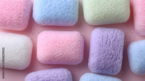 Multicolored textured sponges arranged on a pink surface.