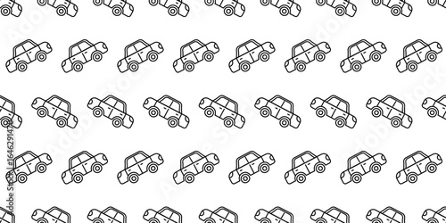 Pattern of outline Car in a Row. Linear Sedan seamless print on white background. Outline automobile icon for personal urban transportation backdrop. Road trip, journey. Symbol. Vector illustration