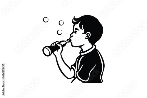 Black and white illustration of a boy drinking from a bottle and blowing bubbles silhouette