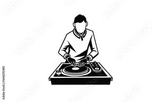 Black and white illustration of a DJ spinning records on a turntable at a music event silhouette