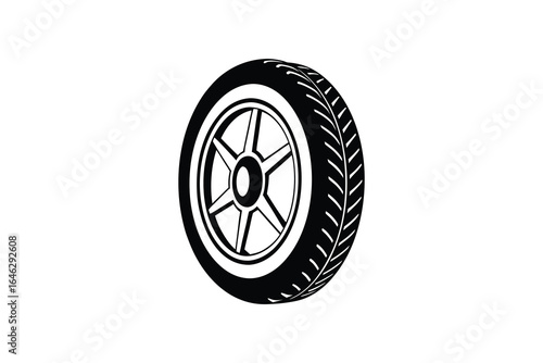 Black and white illustration of a car tire with a five spoke wheel on a white background silhouette