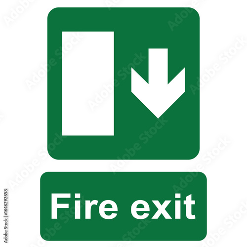 Free Download Transparent PNG file of green and white vector graphic of a fire exit sign. It consists of an arrow pointing down  in the direction of escape a firedoor and a label with the text Fire Exit. - GFXLoad