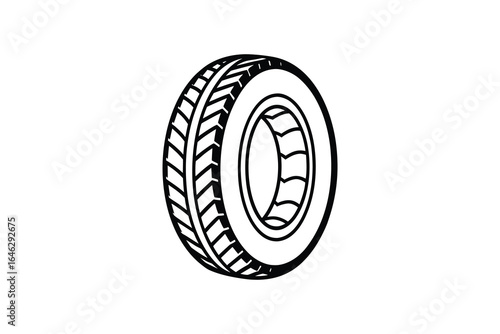 Black and white illustration of a car tire with detailed tread pattern and wheel design silhouette