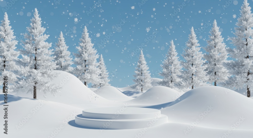 Naklejka premium Winter Snow Scene with White Product Pedestal and Floating Snowflakes