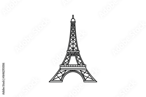 Black and white line art illustration of the Eiffel Tower on a white background silhouette