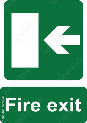 Green and white vector graphic of a fire exit sign. It consists of an arrow pointing left in the direction of escape a firedoor and a label with the text Fire Exit.
