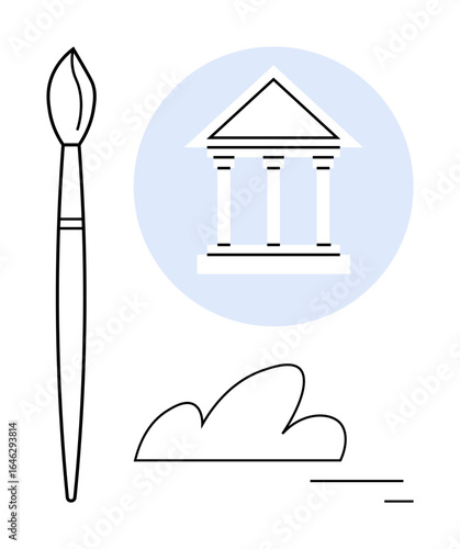 Paintbrush, fluffy cloud, and classical building icon in blue circle evoke creativity, heritage, and simplicity. Ideal for education, art, history, design architecture creativity simple landing