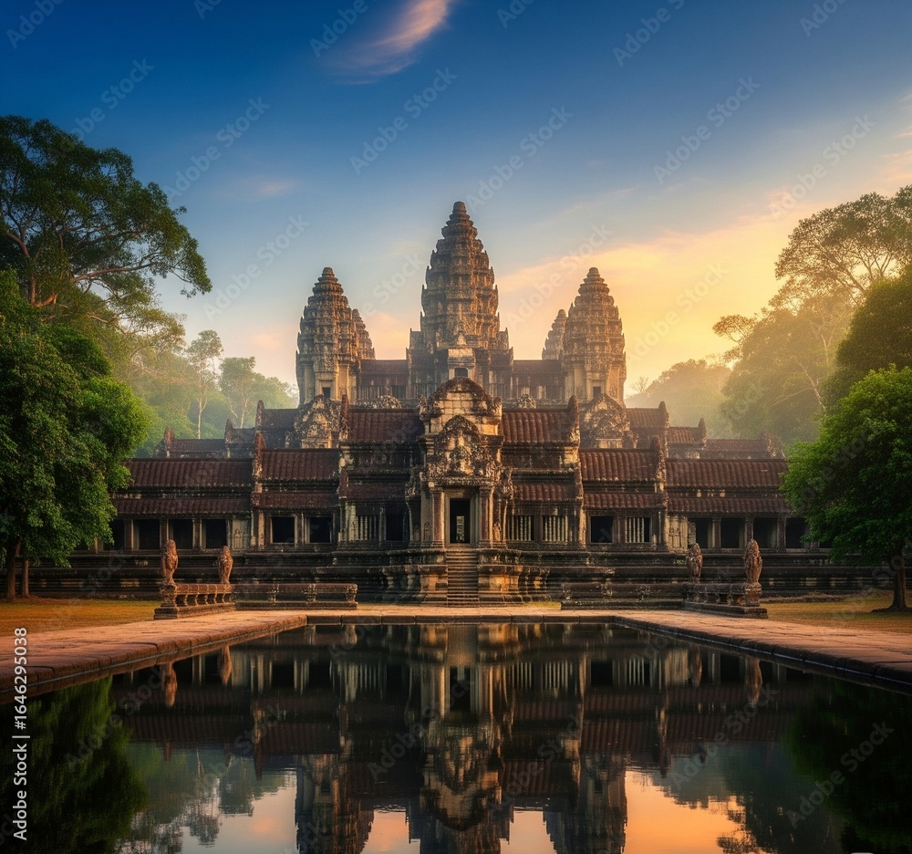 Obraz premium The image shows Angkor Wat, a magnificent ancient temple complex in Cambodia.