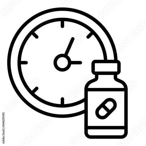 medicine time outline icon showing clock with medicine bottle representing dosage timing