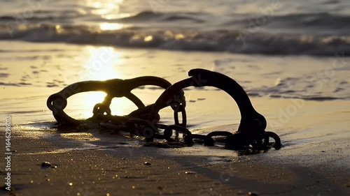 An old, rusty shackle lies on the beach, with waves gently lapping at the shore during sunset.