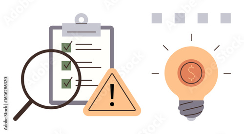 Magnifying glass over checklist, warning sign, lightbulb with dollar sign. Ideal for inspection, planning, risk management, innovation, productivity strategy goal tracking. Simple flat metaphor