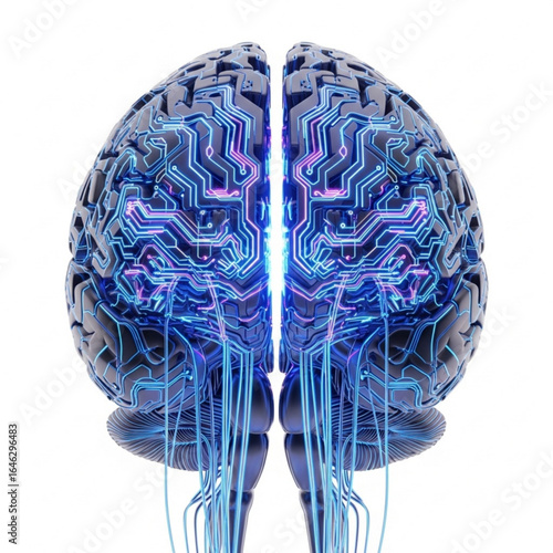 Anatomical cerebral organ with intricate circuitry and vibrant neon illumination on plain background view
