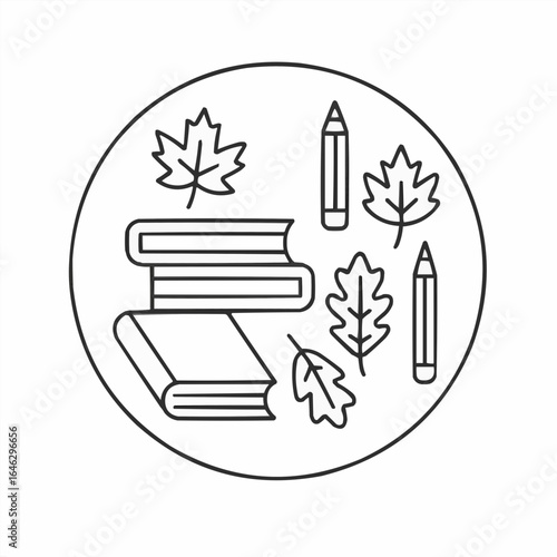 Books and leaves with pencils in a circular outline design  